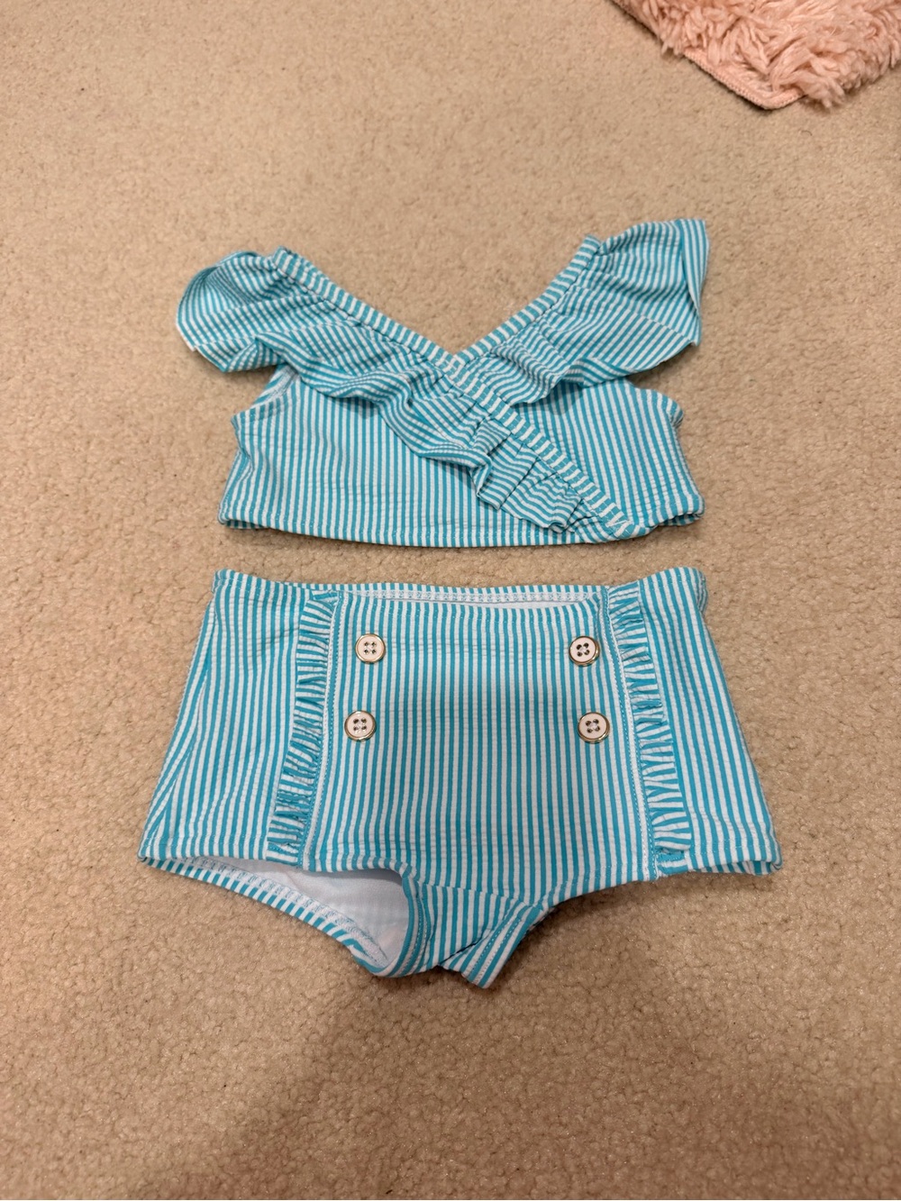 Janie and Jack Aqua & White Stripe Ruffle Cross Bikini Set